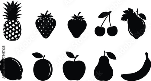 Black fruit silhouettes vector set, pineapple, strawberries, cherries, lemons, plum, apple, pear, banana, minimalist food icons for packaging, education, design