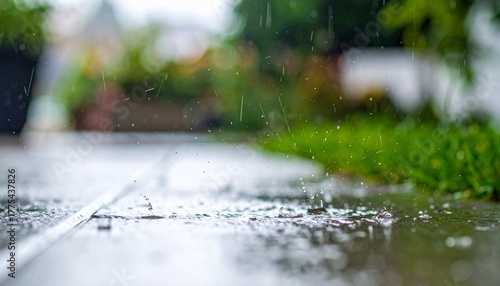 Raindrops Falling on Wet Pavement Close-Up