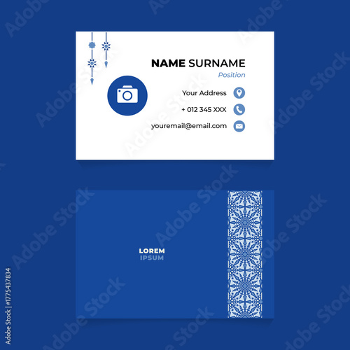 Professional  business card template. Minimal blue layout with ornamental pattern