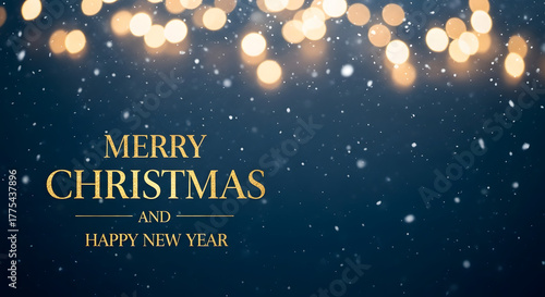 Merry Christmas and Happy New Year greeting on shimmering blue bokeh background. 