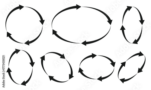 Rotating arrows black icon set. Update, replay, repeat, reload, reset symbol. Circle arrow sign.
