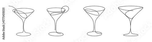 Four martini glasses with swirling drinks in a sketchy style