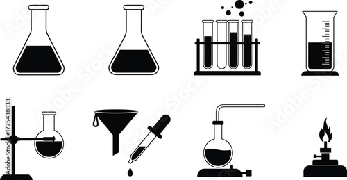 Science laboratory equipment set with beaker, flask, test tube, funnel, dropper, distillation apparatus, and burner illustration, chemistry experiment vector design