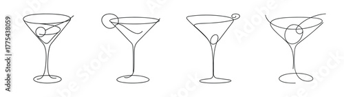 Four martini glasses outline sketchy graphic abstract drinkware barware set