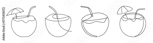 Four variations of a coconut drink with a straw sketch