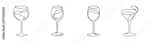 Set of four abstract line drawings of wine glasses for drinks and cocktails