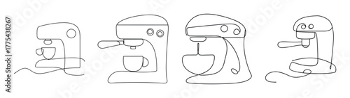 Detailed line drawing of stand mixer kitchen appliance in multiple views