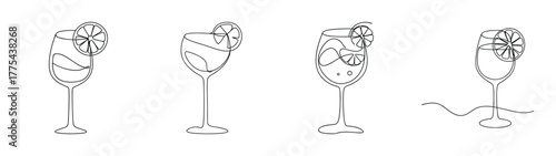 Four stylized drawings of glasses with cocktails and garnish elements