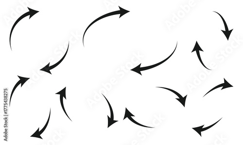 Black arrow isolated on white background, arrow png. A simple black arrow curving clockwise, indicating a circular movement on a white background.