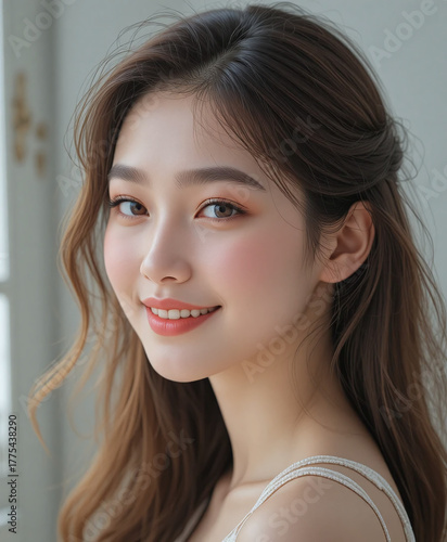Realistic portrait of a smiling Asian girl with fair skin and dark hair on a light background. Gentle, warm and natural expression