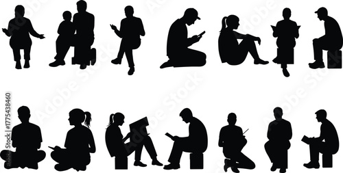 Black silhouette people sitting and interacting, reading, using devices, meditating, talking in pairs and solo, diverse seated postures, minimalistic vector illustration
