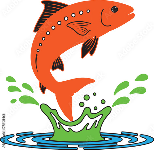Orange Fish Leaping Out of Water Cartoon Graphic Illustration Vector
