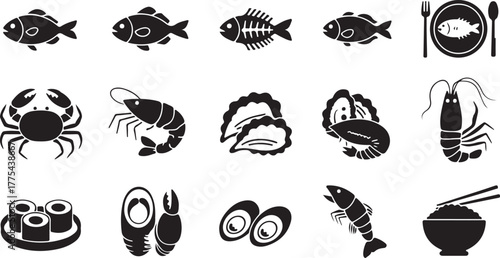 Variety of seafood icons on white background depicting culinary delicacies