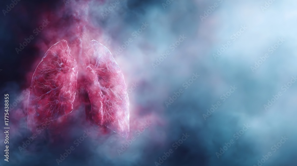 Naklejka premium Abstract visualization of glowing human lungs within atmospheric mist