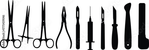 Set of surgical instruments silhouette including scissors, scalpel, syringe, forceps, and medical tools, vector illustration for healthcare and hospital equipment design