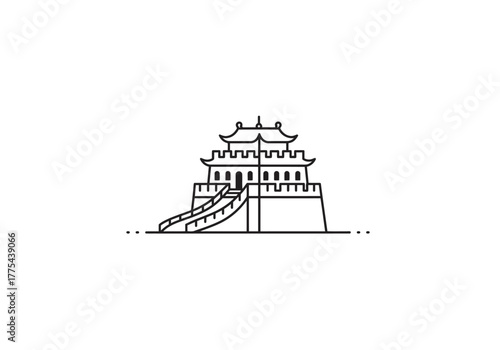 Minimalist Chinese Architecture Illustration of Ancient Tower with Ramp