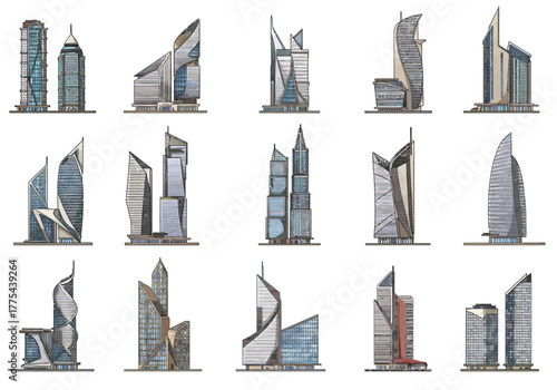 Fifteen stylized skyscraper illustrations line up against a blank white background