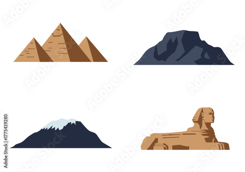 Four geographical illustrations pyramids a mountain a snowy peak and the Sphinx