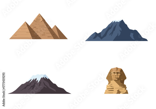 Four images pyramids mountains with snow and the Sphinx displayed on a white background