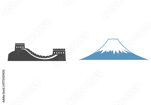 Image features Great Wall of China and Mount Fuji symbolic of countries