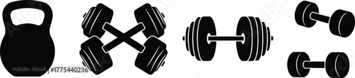 Silhouette illustration of gym fitness equipment including kettlebell, dumbbells, and barbell weights, workout training icons for exercise, bodybuilding, and strength training design