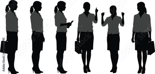 Businesswoman silhouette poses for corporate communication, professional body language set showing briefcase, smartphone, pointing, presenting, and celebratory gestures in vector