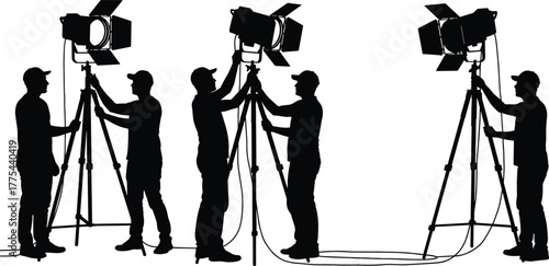 Silhouette illustration of film crew adjusting studio lighting equipment, professional cameramen working on set, movie production, teamwork, filmmaking and photography concept