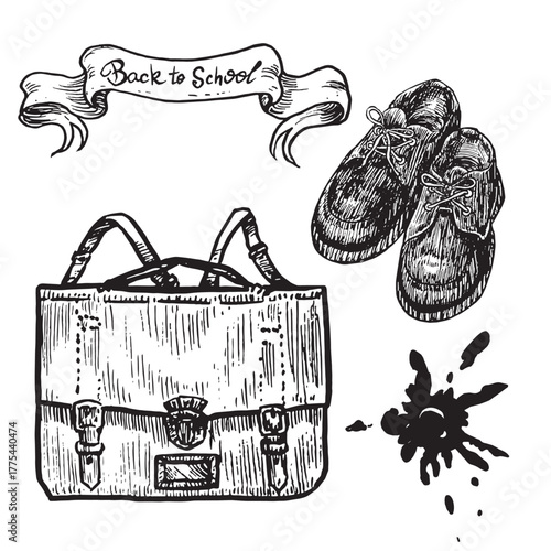 Retro style backpack (school bag, randoseru Japanese) boots and ink stain, set with banner back to school, doodle black ink drawing, woodcut style