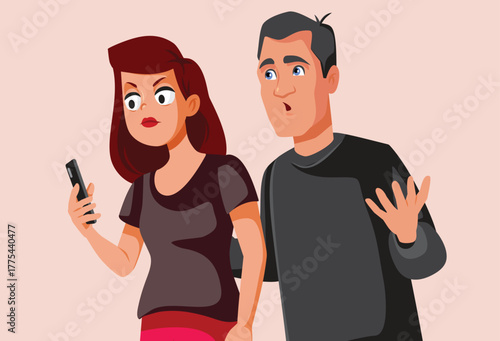 Jealous Wife Looking Checking Phone Vector Illustration. Woman does not trust her partner being possessive and controlling 