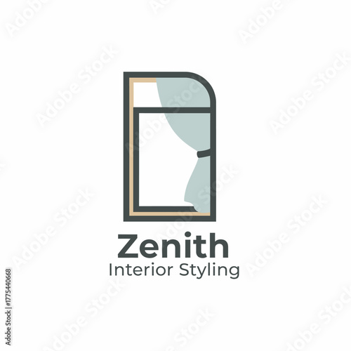 A refined logo featuring a stylized window with curtains, symbolizing elegance, comfort, and creative home design for Zenith Interior Styling.