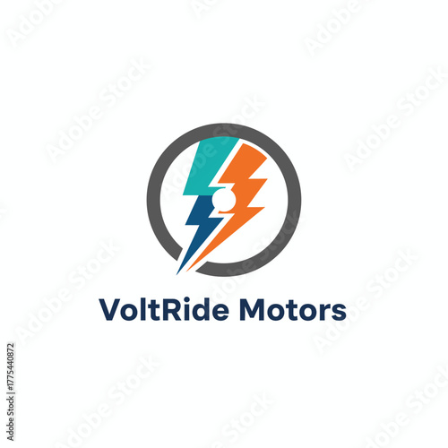 A bold logo featuring a lightning bolt split into teal and orange, symbolizing energy, innovation, and electric mobility for VoltRide Motors.