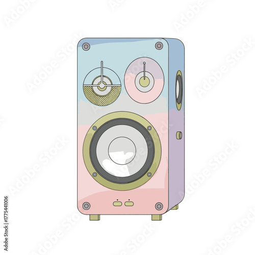 Flat vector style illustration of a portable speaker. Retro audio equipment for music and entertainment. Artistic pastel drawing isolated on a transparent background