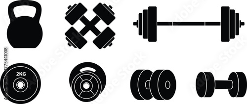 Silhouette illustration of gym workout equipment including kettlebell, dumbbells, barbells, and weight plates, fitness icons for exercise, bodybuilding, and strength training design