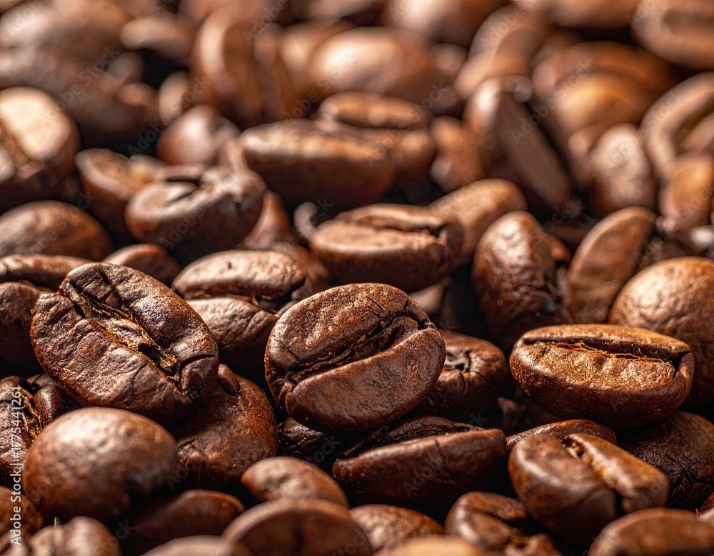 Fototapeta premium Roasted Coffee Beans Close Up Dark Brown Texture