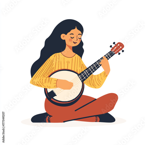 Young woman playing banjo with closed eyes enjoying music