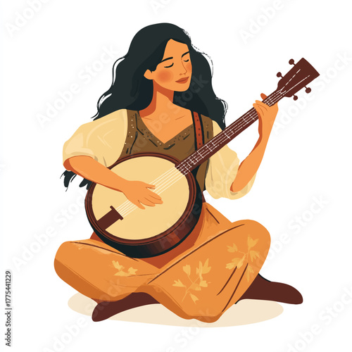 Young woman playing banjo with focused expression