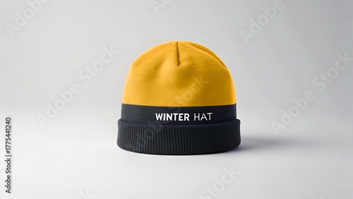 Yellow and Black Winter Hat on Minimal Grey Background