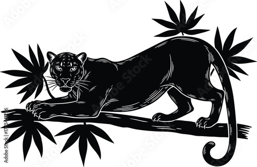 Black Panther on a Tree Branch Vector Silhouette - Wild Jungle Cat Graphic