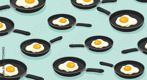 Seamless pattern of sunny-side-up fried eggs in dark frying pans on a light blue background, illustrating a breakfast theme.