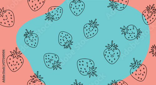 Seamless pattern with cute smiling outline strawberries, set against a cheerful two-tone background of wavy teal and coral sections.