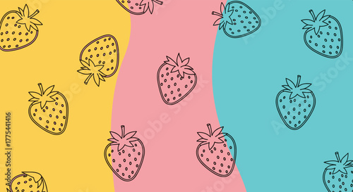 Seamless pattern of outlined strawberries on a vibrant, wavy background with yellow, pink, and blue sections.