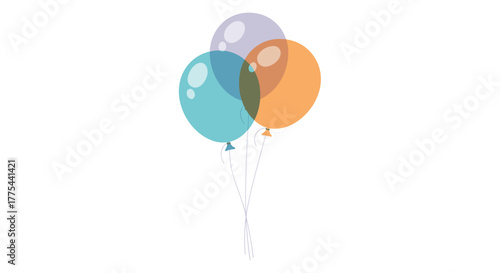 Three colorful translucent party balloons, one blue, one purple, and one orange, tied together with strings and floating on a white background.