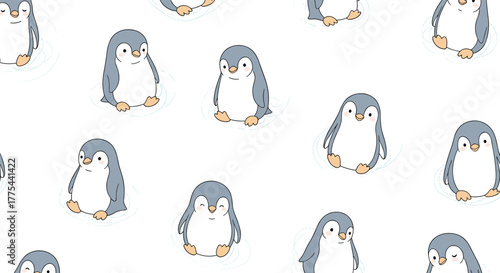 Cute cartoon baby penguins in a seamless pattern, sitting on a white background with subtle ice details, perfect for kids' designs and winter themes.