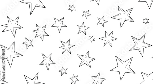 Whimsical celestial pattern of outlined stars in black and white, featuring dotted and dashed inner lines and varying sizes.