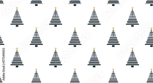 Seamless pattern of modern minimalist Christmas trees with golden stars on a clean white background, perfect for festive designs.