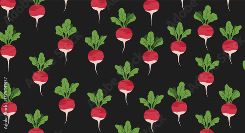 Seamless pattern of fresh radishes with green leaves and red roots against a dark, solid background, ideal for fabric or packaging.