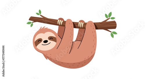 A cute and happy cartoon sloth hangs upside down from a tree branch, smiling sweetly, isolated on a white background.