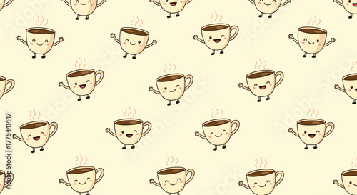 Seamless pattern of cute, happy cartoon coffee cups with smiling faces and steam on a light yellow background.