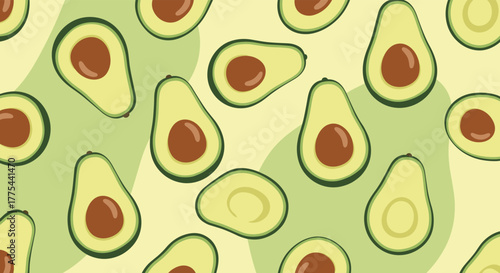 Seamless pattern featuring various avocado halves with and without pits on a light green and yellow background, showcasing a fresh design.