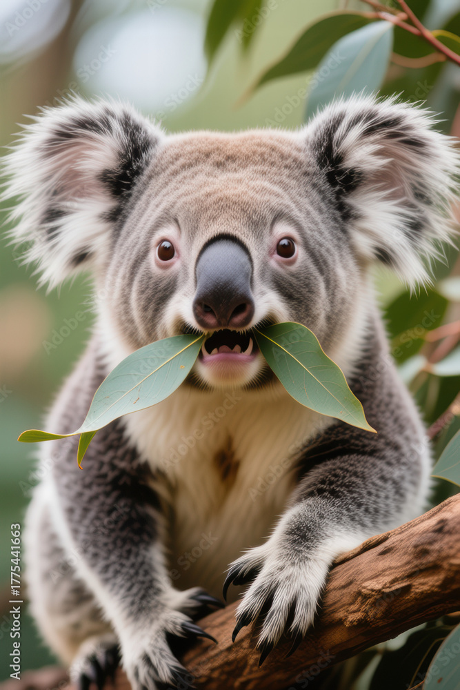 Fototapeta premium Koala holding eucalyptus leaves while sitting on a tree branch 
